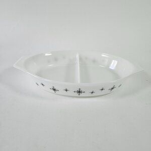 Vintage Pyrex Casserole Dish Black Star Atomic Oval Divided 1 and 1/2 Quart USA